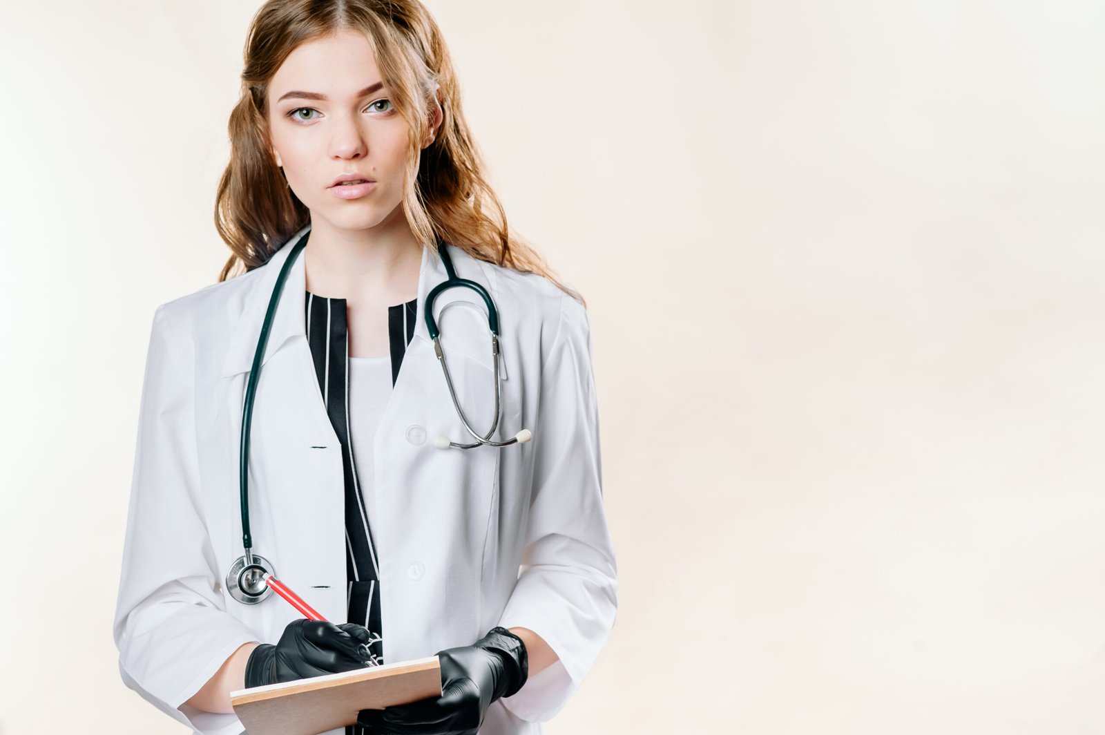 Doctor holding a clipboard against a light background