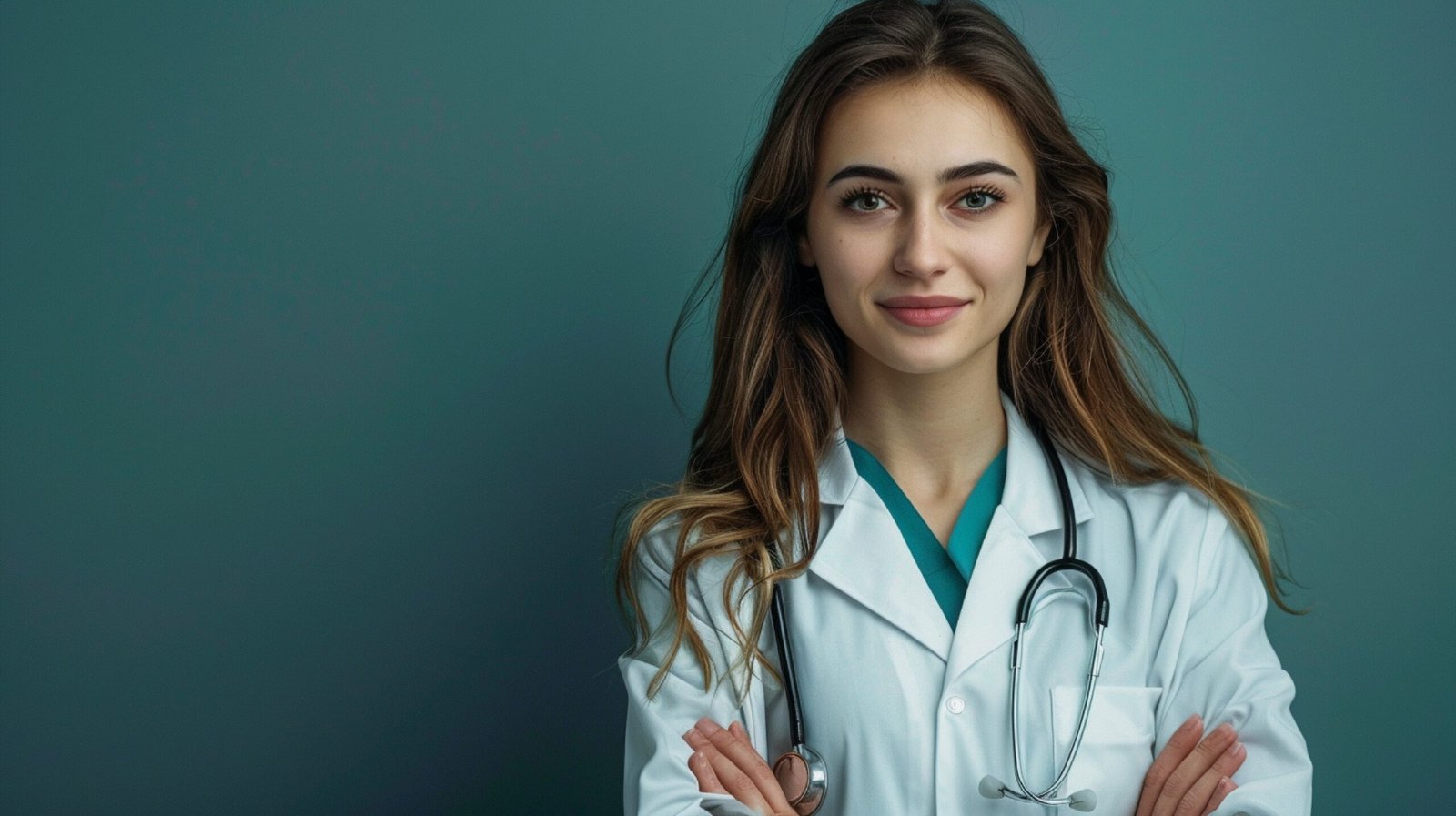 Doctor in a white coat against a teal background